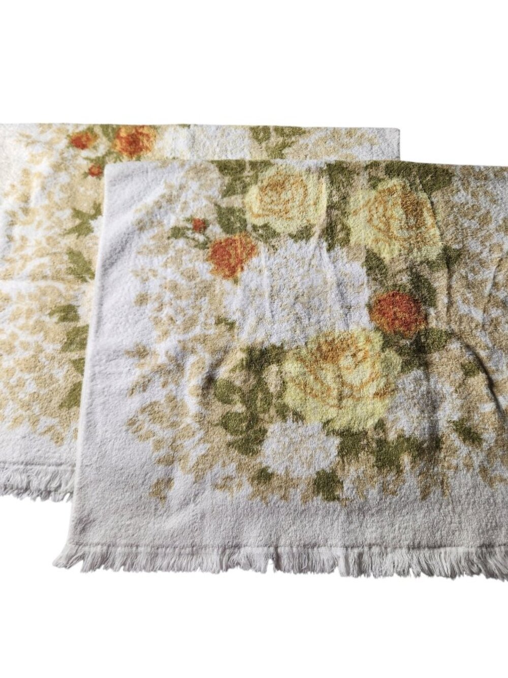 Vintage Fieldcrest Royal Velvet Bath Towels Set White Yellow Roses Plush Fringe